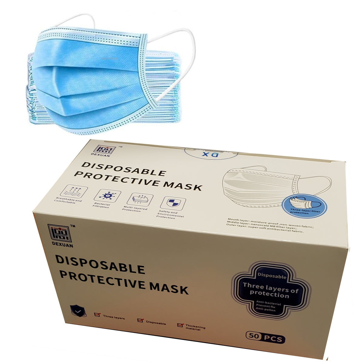 Disposable 3 layer Adult Masks (Box of 50)
